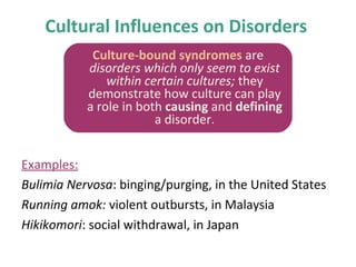 Cultural Influences on Disorders
Examples:
Bulimia Nervosa: binging/purging, in the United States
Running amok: violent outbursts, in Malaysia
Hikikomori: social withdrawal, in Japan
Culture-bound syndromes are
disorders which only seem to exist
within certain cultures; they
demonstrate how culture can play
a role in both causing and defining
a disorder.
 