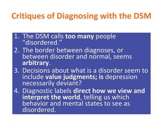 Critiques of Diagnosing with the DSM
1. The DSM calls too many people
“disordered.”
2. The border between diagnoses, or
between disorder and normal, seems
arbitrary.
3. Decisions about what is a disorder seem to
include value judgments; is depression
necessarily deviant?
4. Diagnostic labels direct how we view and
interpret the world, telling us which
behavior and mental states to see as
disordered.
 
