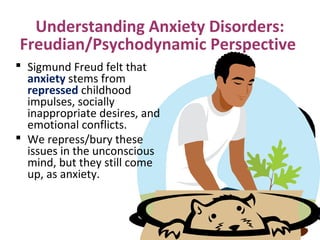 Understanding Anxiety Disorders:
Freudian/Psychodynamic Perspective
 Sigmund Freud felt that
anxiety stems from
repressed childhood
impulses, socially
inappropriate desires, and
emotional conflicts.
 We repress/bury these
issues in the unconscious
mind, but they still come
up, as anxiety.
 