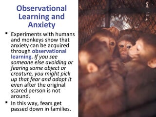 Observational
Learning and
Anxiety
 Experiments with humans
and monkeys show that
anxiety can be acquired
through observational
learning. If you see
someone else avoiding or
fearing some object or
creature, you might pick
up that fear and adopt it
even after the original
scared person is not
around.
 In this way, fears get
passed down in families.
 