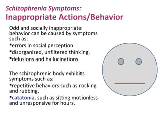 Odd and socially inappropriate
behavior can be caused by symptoms
such as:
errors in social perception.
disorganized, unfiltered thinking.
delusions and hallucinations.
The schizophrenic body exhibits
symptoms such as:
repetitive behaviors such as rocking
and rubbing.
catatonia, such as sitting motionless
and unresponsive for hours.
Schizophrenia Symptoms:
Inappropriate Actions/Behavior
 