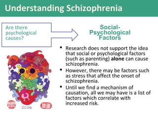 Are there
psychological
causes?
 Research does not support the idea
that social or psychological factors
(such as parenting) alone can cause
schizophrenia.
 However, there may be factors such
as stress that affect the onset of
schizophrenia.
 Until we find a mechanism of
causation, all we may have is a list of
factors which correlate with
increased risk.
Social-
Psychological
Factors
Understanding Schizophrenia
 