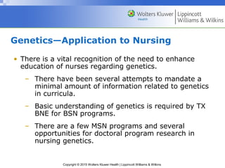Copyright © 2015 Wolters Kluwer Health | Lippincott Williams & Wilkins
Genetics—Application to Nursing
• There is a vital recognition of the need to enhance
education of nurses regarding genetics.
– There have been several attempts to mandate a
minimal amount of information related to genetics
in curricula.
– Basic understanding of genetics is required by TX
BNE for BSN programs.
– There are a few MSN programs and several
opportunities for doctoral program research in
nursing genetics.
 