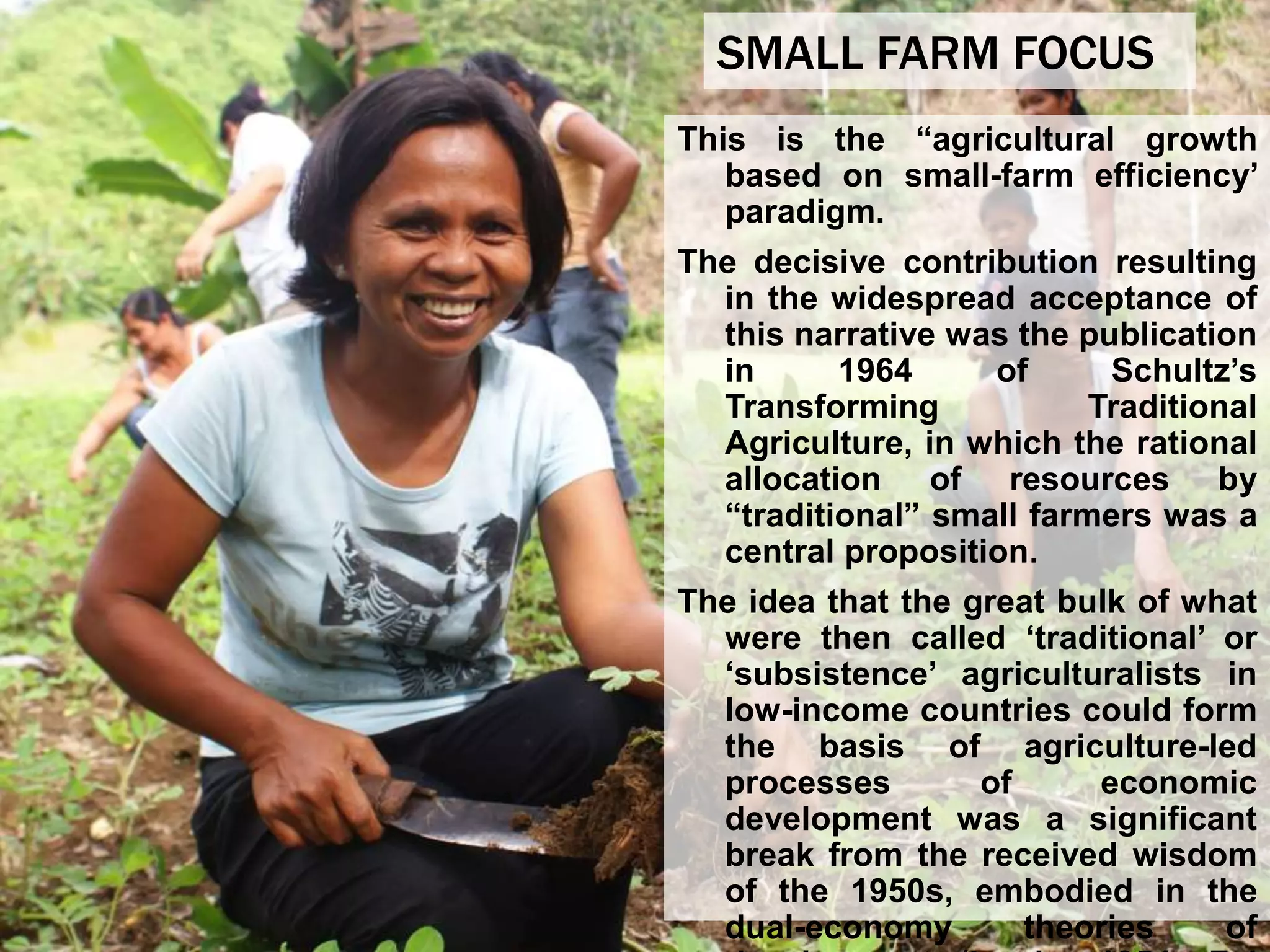 SMALL FARM FOCUS
This is the “agricultural growth
based on small-farm efficiency’
paradigm.
The decisive contribution resulting
in the widespread acceptance of
this narrative was the publication
in 1964 of Schultz’s
Transforming Traditional
Agriculture, in which the rational
allocation of resources by
“traditional” small farmers was a
central proposition.
The idea that the great bulk of what
were then called ‘traditional’ or
‘subsistence’ agriculturalists in
low-income countries could form
the basis of agriculture-led
processes of economic
development was a significant
break from the received wisdom
of the 1950s, embodied in the
dual-economy theories of
 