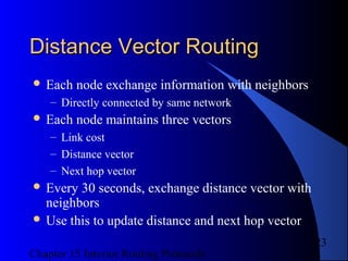 Chapter 15 Interior Routing Protocols
23
Distance Vector RoutingDistance Vector Routing
 Each node exchange information with neighbors
– Directly connected by same network
 Each node maintains three vectors
– Link cost
– Distance vector
– Next hop vector
 Every 30 seconds, exchange distance vector with
neighbors
 Use this to update distance and next hop vector
 