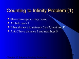 Chapter 15 Interior Routing Protocols
28
Counting to Infinity Problem (1)Counting to Infinity Problem (1)
 Slow convergence may cause:
 All link costs 1
 B has distance to network 5 as 2, next hop D
 A & C have distance 3 and next hop B
 