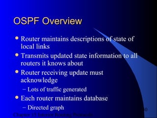 Chapter 15 Interior Routing Protocols
40
OSPF OverviewOSPF Overview
Router maintains descriptions of state of
local links
Transmits updated state information to all
routers it knows about
Router receiving update must
acknowledge
– Lots of traffic generated
Each router maintains database
– Directed graph
 