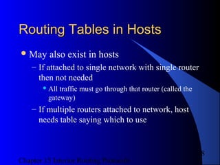 Chapter 15 Interior Routing Protocols
8
Routing Tables in HostsRouting Tables in Hosts
May also exist in hosts
– If attached to single network with single router
then not needed
 All traffic must go through that router (called the
gateway)
– If multiple routers attached to network, host
needs table saying which to use
 