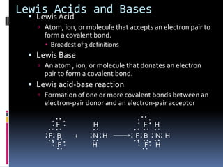 Lewis Acids and BasesLewis AcidAtom, ion, or molecule that accepts an electron pair to form a covalent bond.Broadest of 3 definitionsLewis BaseAn atom , ion, or molecule that donates an electron pair to form a covalent bond.Lewis acid-base reactionFormation of one or more covalent bonds between an electron-pair donor and an electron-pair acceptor:::::::::::::::::::::::::::::::HHFFF   B         +          N   H                   F   B     N   H           F       H		            F     H: