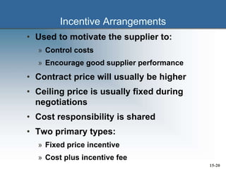 Incentive Arrangements
• Used to motivate the supplier to:
» Control costs
» Encourage good supplier performance
• Contract price will usually be higher
• Ceiling price is usually fixed during
negotiations
• Cost responsibility is shared
• Two primary types:
» Fixed price incentive
» Cost plus incentive fee
15-20
 