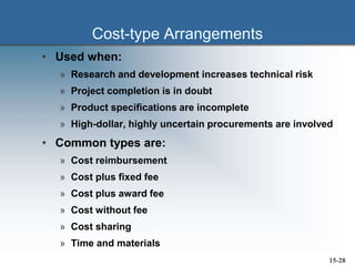 Cost-type Arrangements
• Used when:
» Research and development increases technical risk
» Project completion is in doubt
» Product specifications are incomplete
» High-dollar, highly uncertain procurements are involved
• Common types are:
» Cost reimbursement
» Cost plus fixed fee
» Cost plus award fee
» Cost without fee
» Cost sharing
» Time and materials
15-28
 
