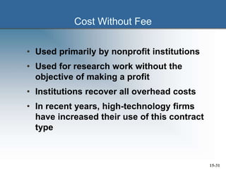 Cost Without Fee
• Used primarily by nonprofit institutions
• Used for research work without the
objective of making a profit
• Institutions recover all overhead costs
• In recent years, high-technology firms
have increased their use of this contract
type
15-31
 