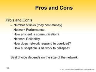 10
Pros and Cons
Pro’s and Con’s
– Number of links (they cost money)
– Network Performance
How efficient is communication?...