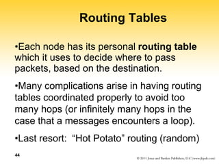 44
Routing Tables
•Each node has its personal routing table
which it uses to decide where to pass
packets, based on the de...