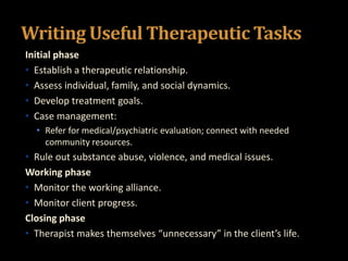 Writing Useful Therapeutic Tasks
Initial phase
• Establish a therapeutic relationship.
• Assess individual, family, and so...