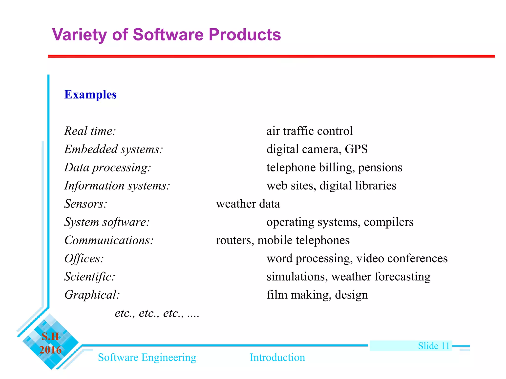 Software Engineering Introduction
S.H
2016 Slide 11
Variety of Software Products
Examples
Real time: air traffic control
Embedded systems: digital camera, GPS
Data processing: telephone billing, pensions
Information systems: web sites, digital libraries
Sensors: weather data
System software: operating systems, compilers
Communications: routers, mobile telephones
Offices: word processing, video conferences
Scientific: simulations, weather forecasting
Graphical: film making, design
etc., etc., etc., ....
 