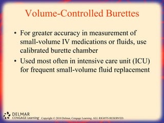 Copyright © 2010 Delmar, Cengage Learning. ALL RIGHTS RESERVED.
Volume-Controlled Burettes
• For greater accuracy in measurement of
small-volume IV medications or fluids, use
calibrated burette chamber
• Used most often in intensive care unit (ICU)
for frequent small-volume fluid replacement
 