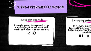 a. One-shot case study
× 𝑶
3. PRE-EXPERIMENTAL DESIGN
b. One-group pretes
𝟎𝟏 ×
 