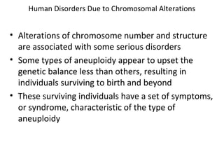Human Disorders Due to Chromosomal Alterations
• Alterations of chromosome number and structure
are associated with some serious disorders
• Some types of aneuploidy appear to upset the
genetic balance less than others, resulting in
individuals surviving to birth and beyond
• These surviving individuals have a set of symptoms,
or syndrome, characteristic of the type of
aneuploidy
 