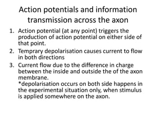 Action potentials and information
transmission across the axon
1. Action potential (at any point) triggers the
production of action potential on either side of
that point.
2. Temprary depolarisation causes current to flow
in both directions
3. Current flow due to the difference in charge
between the inside and outside the of the axon
membrane.
*depolarisation occurs on both side happens in
the experimental situation only, when stimulus
is applied somewhere on the axon.
 