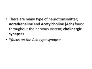 • There are many type of neurotransmitter;
noradrenaline and Acetylcholine (Ach) found
throughout the nervous system; cholinergic
synapses
• *focus on the Ach type synapse
 