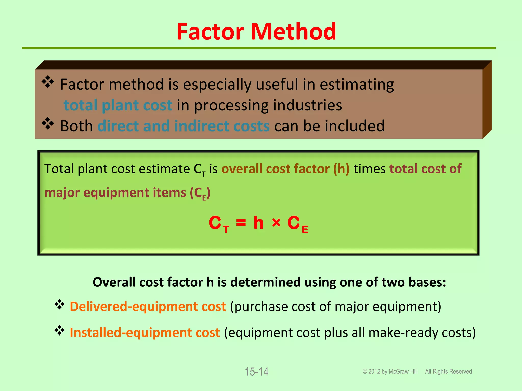 Factor Method
© 2012 by McGraw-Hill All Rights Reserved15-14
 Factor method is especially useful in estimating
total plant cost in processing industries
 Both direct and indirect costs can be included
Total plant cost estimate CT is overall cost factor (h) times total cost of
major equipment items (CE)
CT = h × CE
Overall cost factor h is determined using one of two bases:
 Delivered-equipment cost (purchase cost of major equipment)
 Installed-equipment cost (equipment cost plus all make-ready costs)
 