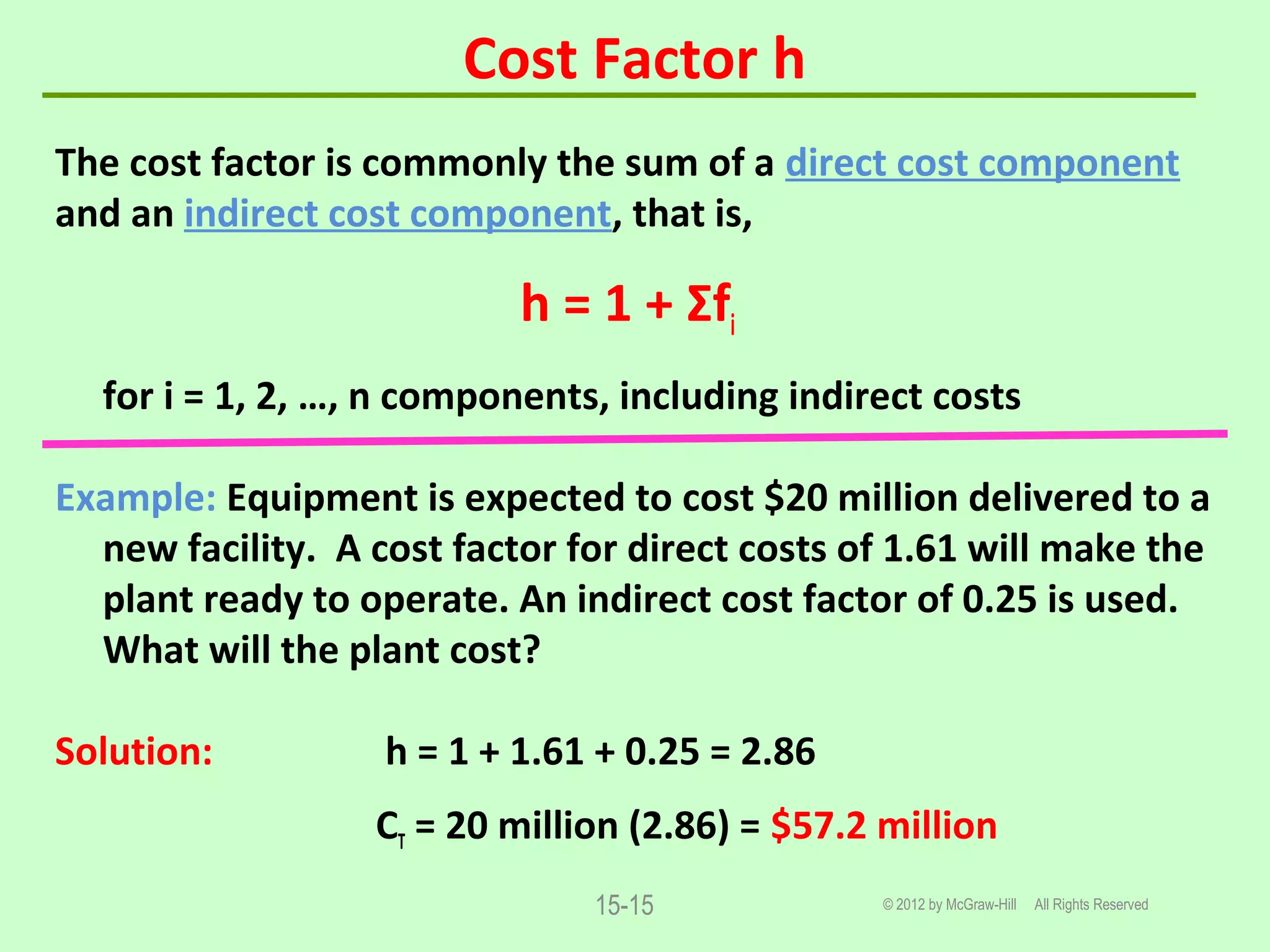 Cost Factor h
© 2012 by McGraw-Hill All Rights Reserved15-15
The cost factor is commonly the sum of a direct cost component
and an indirect cost component, that is,
h = 1 + Σfi
for i = 1, 2, …, n components, including indirect costs
Example: Equipment is expected to cost $20 million delivered to a
new facility. A cost factor for direct costs of 1.61 will make the
plant ready to operate. An indirect cost factor of 0.25 is used.
What will the plant cost?
Solution: h = 1 + 1.61 + 0.25 = 2.86
CT = 20 million (2.86) = $57.2 million
 