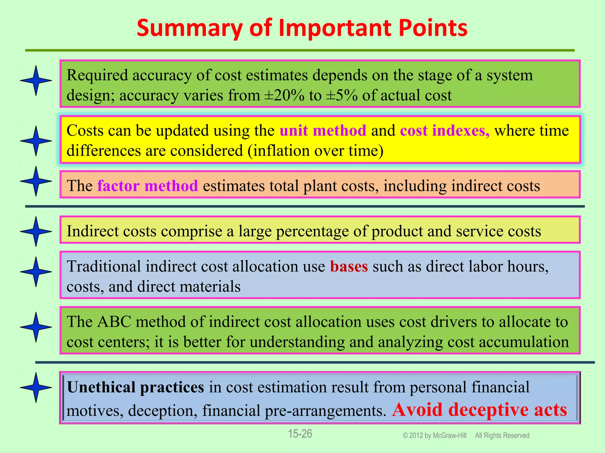 Summary of Important Points
© 2012 by McGraw-Hill All Rights Reserved15-26
Required accuracy of cost estimates depends on the stage of a system
design; accuracy varies from ±20% to ±5% of actual cost
Costs can be updated using the unit method and cost indexes, where time
differences are considered (inflation over time)
The factor method estimates total plant costs, including indirect costs
Traditional indirect cost allocation use bases such as direct labor hours,
costs, and direct materials
Indirect costs comprise a large percentage of product and service costs
The ABC method of indirect cost allocation uses cost drivers to allocate to
cost centers; it is better for understanding and analyzing cost accumulation
Unethical practices in cost estimation result from personal financial
motives, deception, financial pre-arrangements. Avoid deceptive acts
 