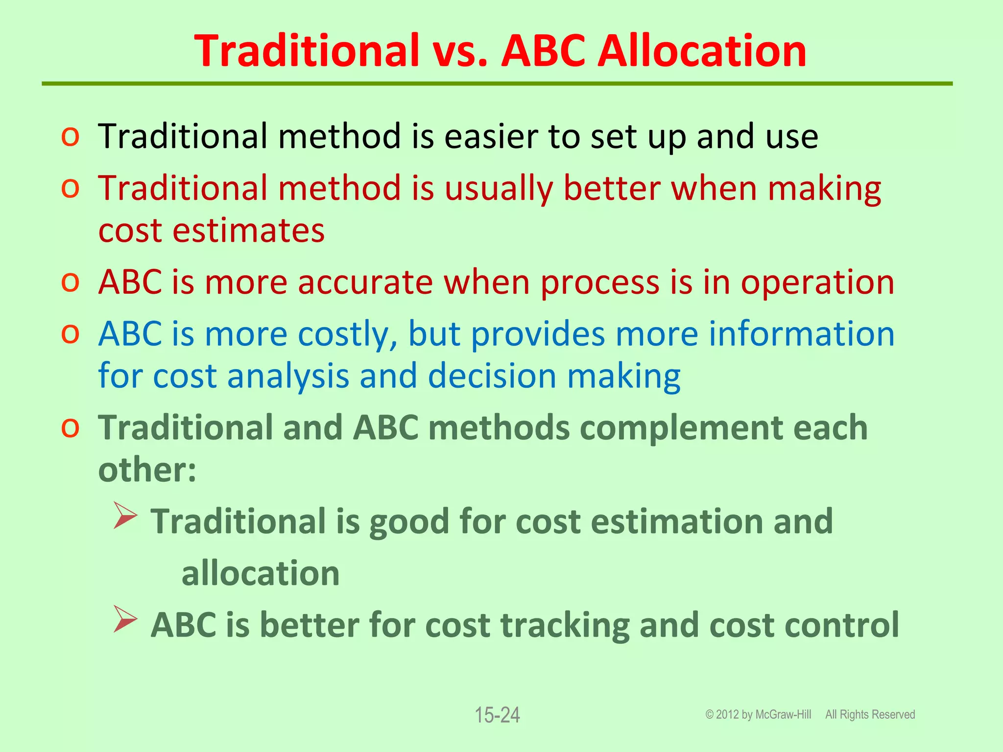 Traditional vs. ABC Allocation
© 2012 by McGraw-Hill All Rights Reserved15-24
o Traditional method is easier to set up and use
o Traditional method is usually better when making
cost estimates
o ABC is more accurate when process is in operation
o ABC is more costly, but provides more information
for cost analysis and decision making
o Traditional and ABC methods complement each
other:
 Traditional is good for cost estimation and
allocation
 ABC is better for cost tracking and cost control
 
