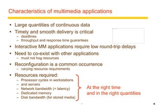 Characteristics of multimedia applications 
 Large quantities of continuous data 
 Timely and smooth delivery is critical 
– deadlines 
– throughput and response time guarantees 
 Interactive MM applications require low round-trip delays 
 Need to co-exist with other applications 
5 
– must not hog resources 
 Reconfiguration is a common occurrence 
– varying resource requirements 
 Resources required: 
– Processor cycles in workstations 
– and servers 
– Network bandwidth (+ latency) 
– Dedicated memory 
– Disk bandwidth (for stored media) 
At the right time 
and in the right quantities 
* 
 