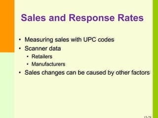Sales and Response Rates
• Measuring sales with UPC codes
• Scanner data
• Retailers
• Manufacturers
• Sales changes can be caused by other factors
 