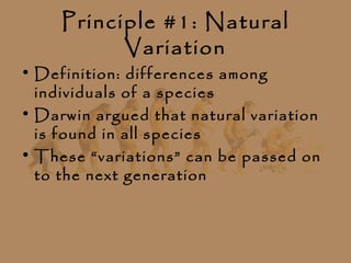 Principle #1: Natural
           Variation
• Definition: differences among
  individuals of a species
• Darwin argued that natural variation
  is found in all species
• These “variations” can be passed on
  to the next generation
 