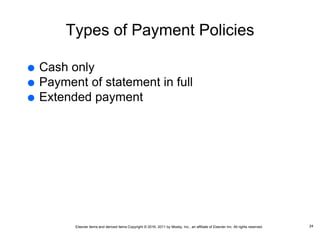 Elsevier items and derived items Copyright © 2016, 2011 by Mosby, Inc., an affiliate of Elsevier Inc. All rights reserved.
Types of Payment Policies
 Cash only
 Payment of statement in full
 Extended payment
24
 