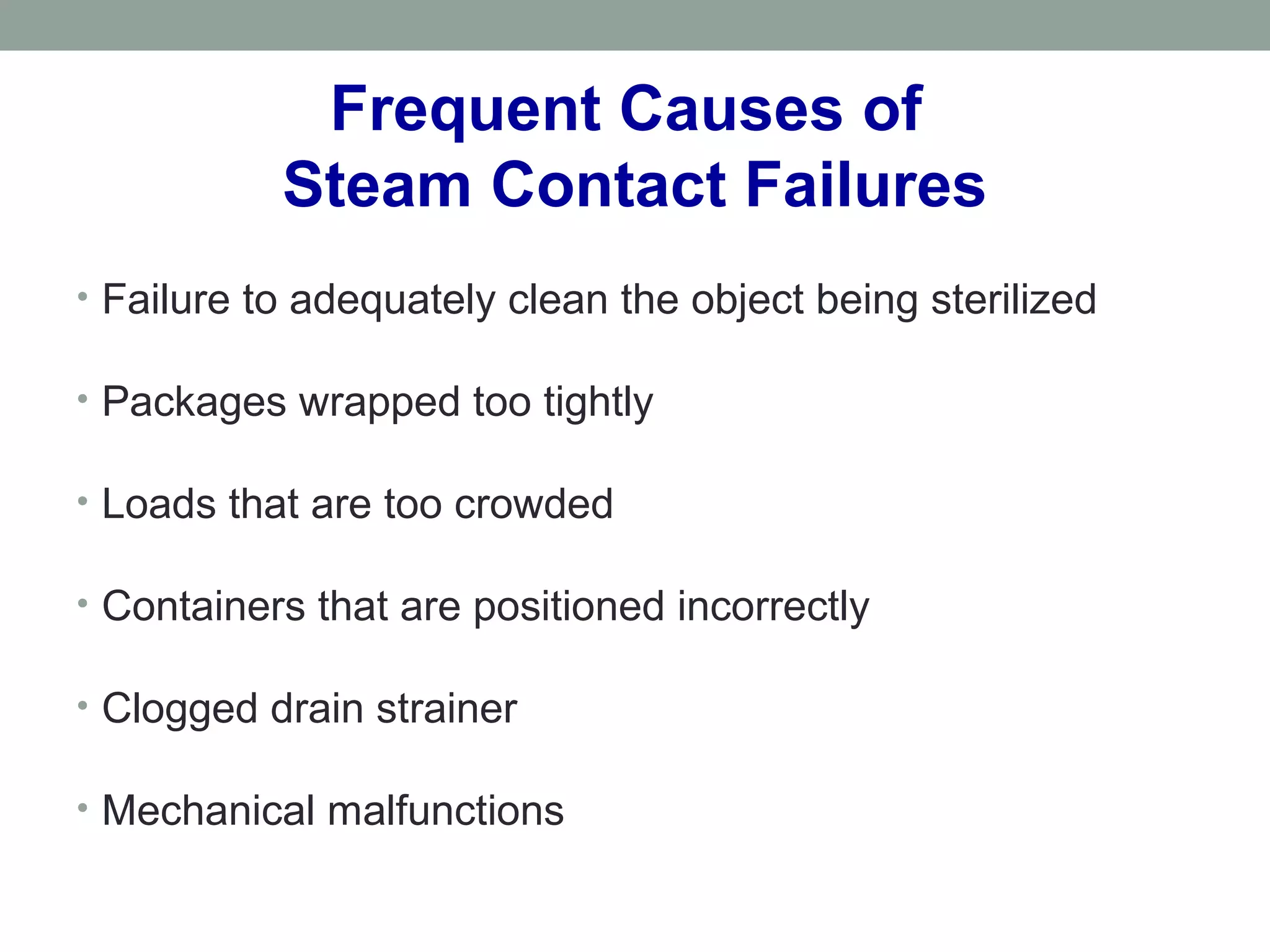 Frequent Causes of
Steam Contact Failures
• Failure to adequately clean the object being sterilized
• Packages wrapped too tightly
• Loads that are too crowded
• Containers that are positioned incorrectly
• Clogged drain strainer
• Mechanical malfunctions
 