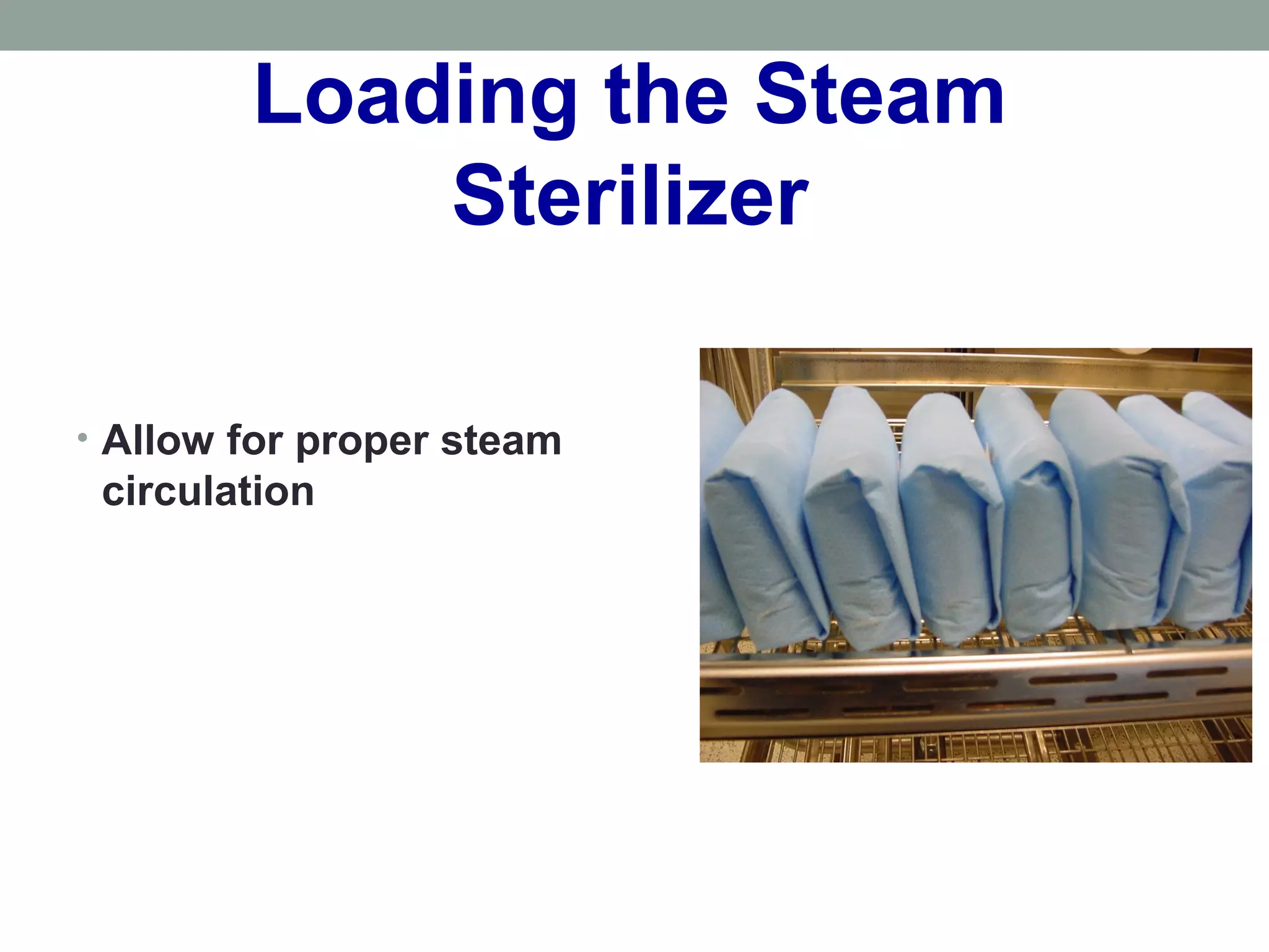 Loading the Steam
Sterilizer
• Allow for proper steam
circulation
 
