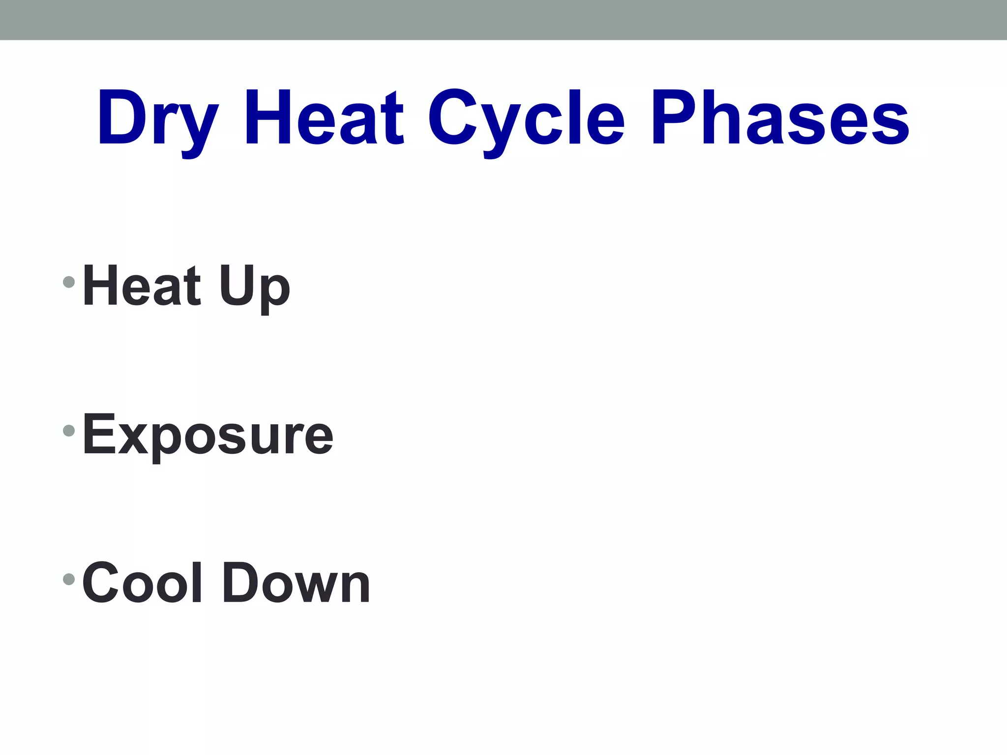 Dry Heat Cycle Phases
•Heat Up
•Exposure
•Cool Down
 