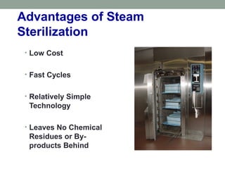 Advantages of Steam
Sterilization
• Low Cost
• Fast Cycles
• Relatively Simple
Technology
• Leaves No Chemical
Residues or By-
products Behind
 