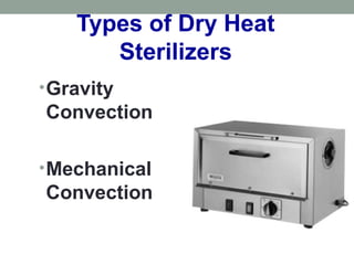 Types of Dry Heat
Sterilizers
•Gravity
Convection
•Mechanical
Convection
 
