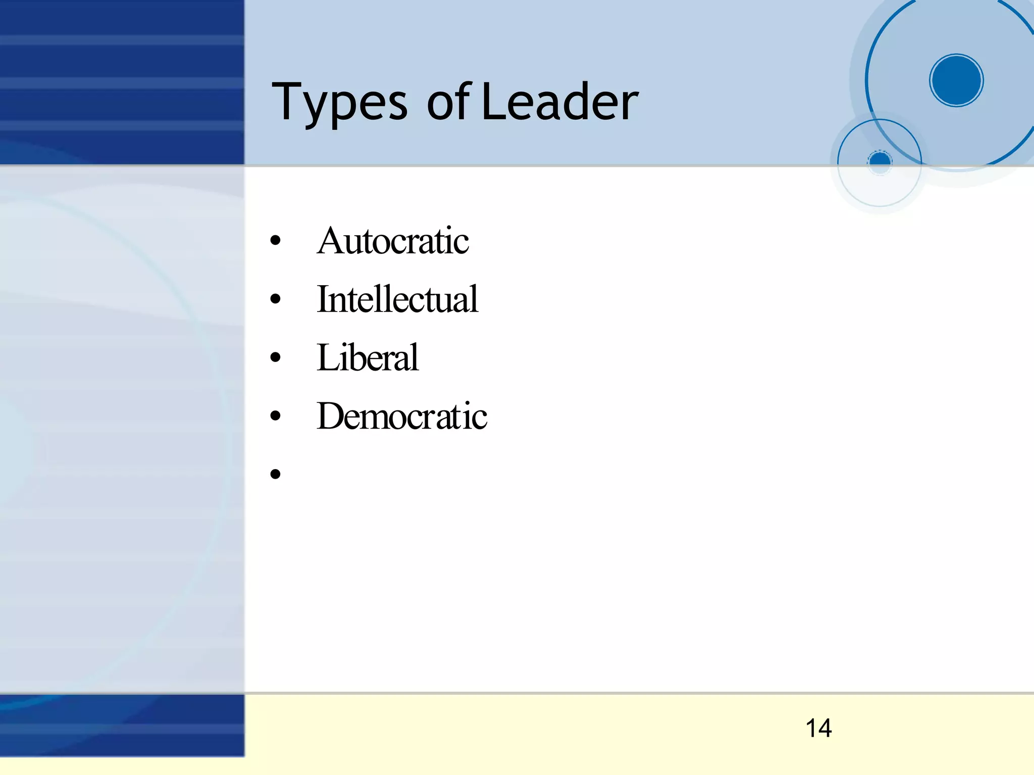 Types ofLeader
14
• Autocratic
• Intellectual
• Liberal
• Democratic
•
 
