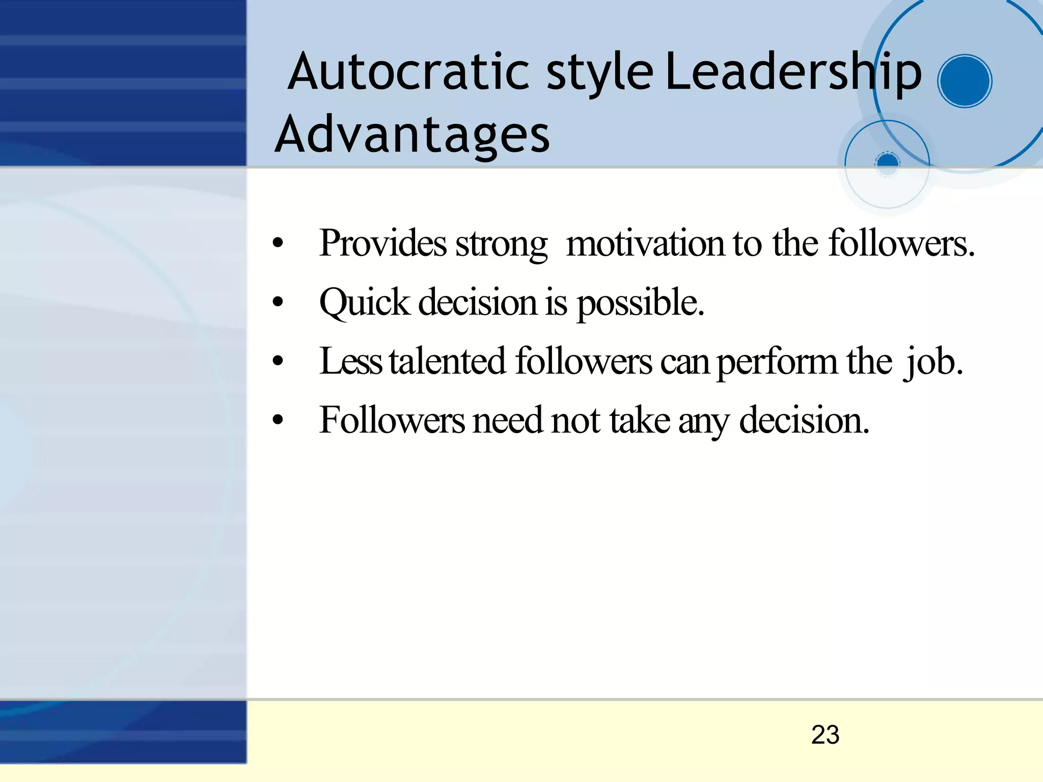 Autocratic style Leadership
Advantages
23
• Provides strong motivationto the followers.
• Quick decisionis possible.
• Lesstalented followerscanperform the job.
• Followersneed not take any decision.
 