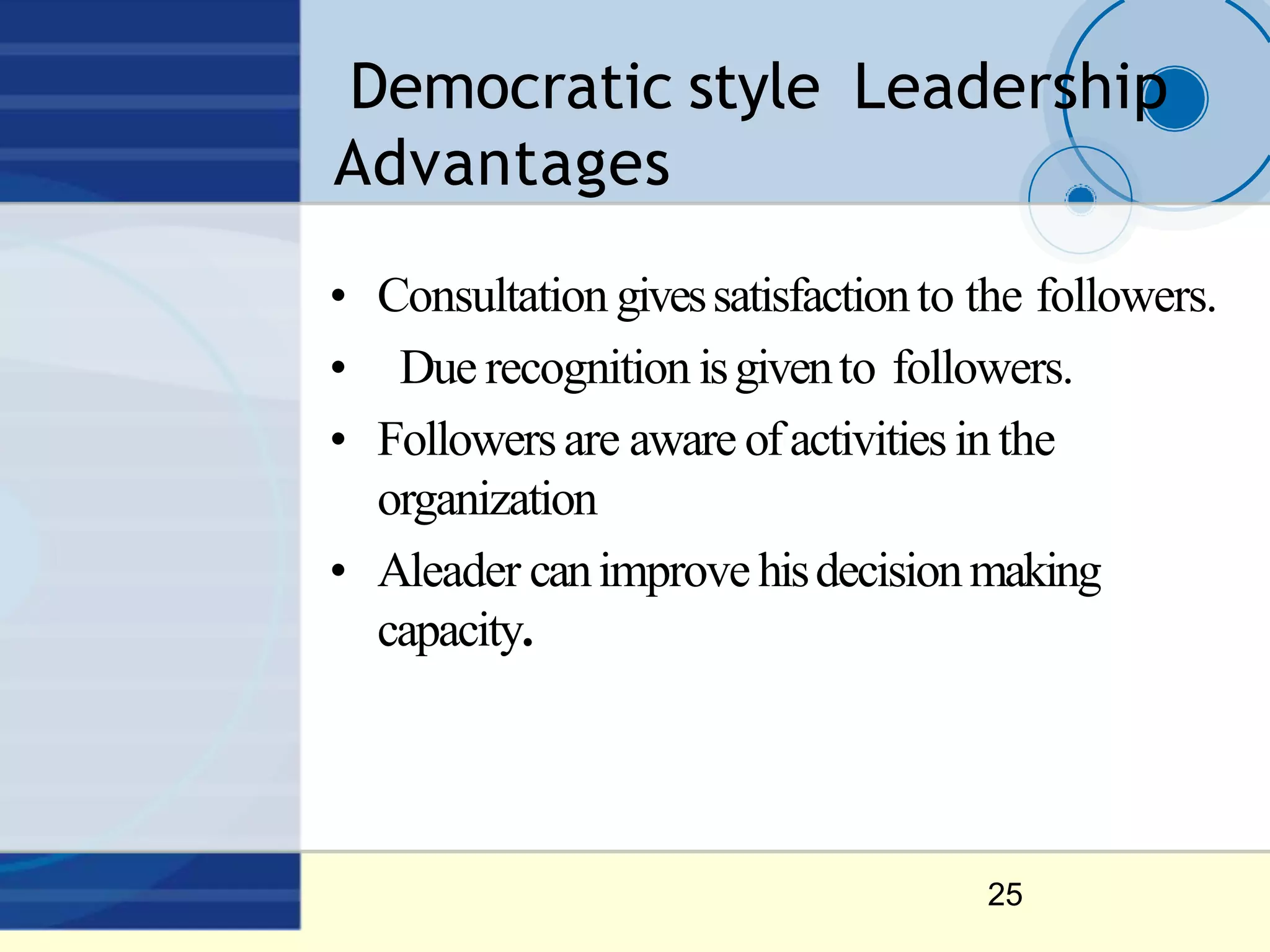 Democratic style Leadership
Advantages
25
• Consultation givessatisfactionto the followers.
• Due recognition isgivento followers.
• Followersare aware ofactivities inthe
organization
• Aleader canimprovehisdecisionmaking
capacity.
 