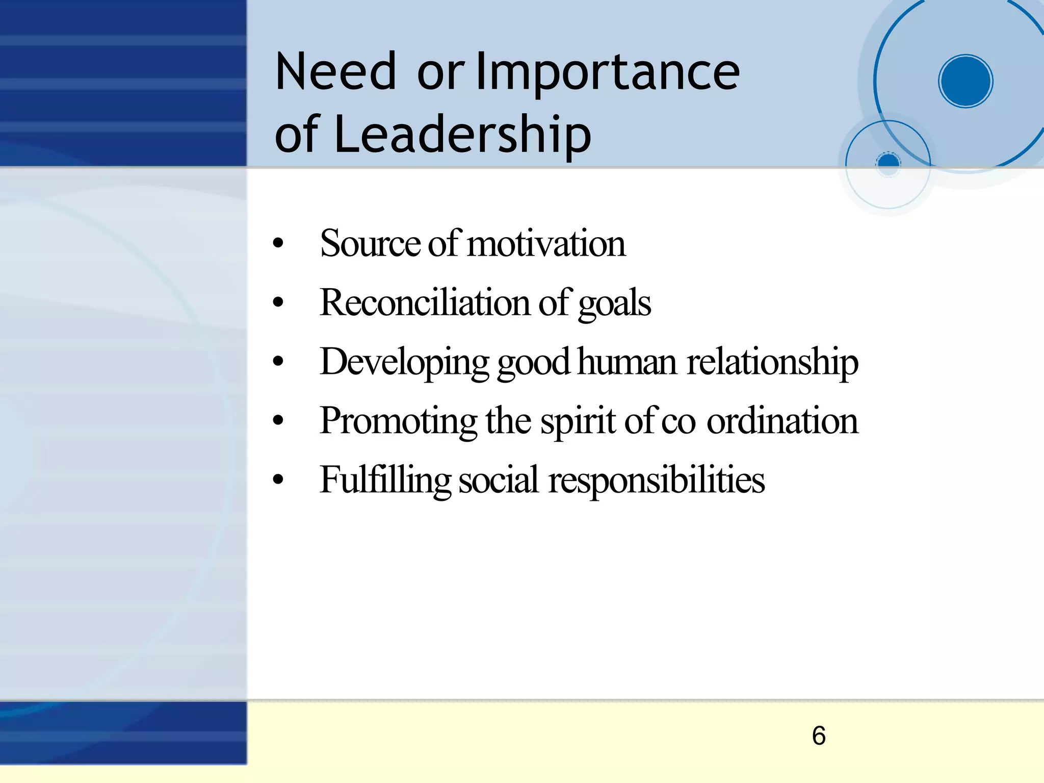 Need or Importance
of Leadership
6
• Sourceof motivation
• Reconciliation of goals
• Developinggoodhuman relationship
• Promoting the spirit ofco ordination
• Fulfillingsocial responsibilities
 