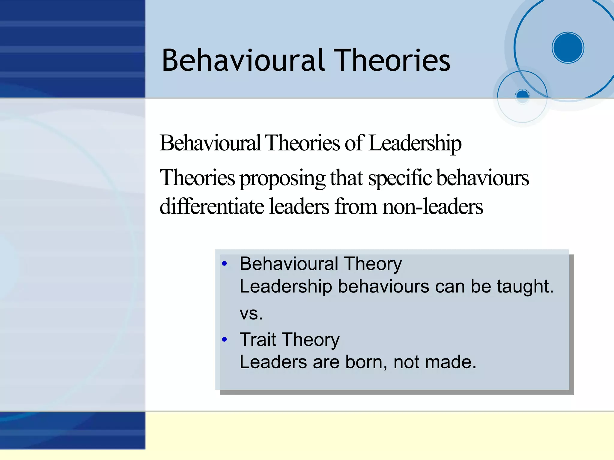 Behavioural Theories
BehaviouralTheoriesof Leadership
Theoriesproposingthat specificbehaviours
differentiate leaders from non-leaders
• Behavioural Theory
Leadership behaviours can be taught.
vs.
• Trait Theory
Leaders are born, not made.
• Behavioural Theory
Leadership behaviours can be taught.
vs.
• Trait Theory
Leaders are born, not made.
 