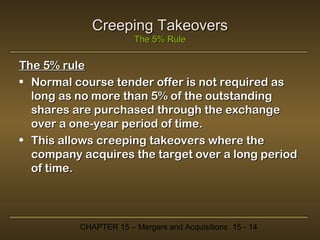 Creeping Takeovers
The 5% Rule

The 5% rule
• Normal course tender offer is not required as
long as no more than 5% of the outstanding
shares are purchased through the exchange
over a one-year period of time.
• This allows creeping takeovers where the
company acquires the target over a long period
of time.

CHAPTER 15 – Mergers and Acquisitions 15 - 14

 