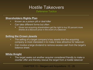 Hostile Takeovers
Defensive Tactics
Shareholders Rights Plan
•
•

Known as a poison pill or deal killer
Can take different forms but often


Gives non-acquiring shareholders get the right to buy 50 percent more
shares at a discount price in the event of a takeover.

Selling the Crown Jewels
•
•

The selling of a target company’s key assets that the acquiring
company is most interested in to make it less attractive for takeover.
Can involve a large dividend to remove excess cash from the target’s
balance sheet.

White Knight
•

The target seeks out another acquirer considered friendly to make a
counter offer and thereby rescue the target from a hostile takeover
CHAPTER 15 – Mergers and Acquisitions 15 - 26

 
