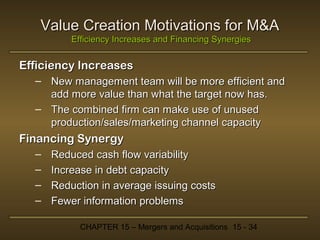 Value Creation Motivations for M&A
Efficiency Increases and Financing Synergies

Efficiency Increases
– New management team will be more efficient and
add more value than what the target now has.
– The combined firm can make use of unused
production/sales/marketing channel capacity

Financing Synergy
–
–
–
–

Reduced cash flow variability
Increase in debt capacity
Reduction in average issuing costs
Fewer information problems
CHAPTER 15 – Mergers and Acquisitions 15 - 34

 