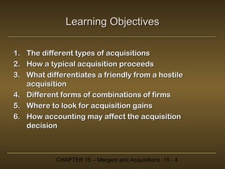 Learning Objectives
1.
2.
3.

The different types of acquisitions
How a typical acquisition proceeds
What differentiates a friendly from a hostile
acquisition
4. Different forms of combinations of firms
5. Where to look for acquisition gains
6. How accounting may affect the acquisition
decision

CHAPTER 15 – Mergers and Acquisitions 15 - 4

 
