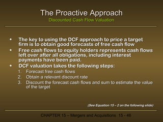 The Proactive Approach
Discounted Cash Flow Valuation

•
•
•

The key to using the DCF approach to price a target
firm is to obtain good forecasts of free cash flow
Free cash flows to equity holders represents cash flows
left over after all obligations, including interest
payments have been paid.
DCF valuation takes the following steps:
1.
2.
3.

Forecast free cash flows
Obtain a relevant discount rate
Discount the forecast cash flows and sum to estimate the value
of the target

(See Equation 15 – 2 on the following slide)

CHAPTER 15 – Mergers and Acquisitions 15 - 46

 