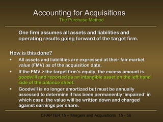 Accounting for Acquisitions
The Purchase Method

One firm assumes all assets and liabilities and
operating results going forward of the target firm.
How is this done?
•
•

•

All assets and liabilities are expressed at their fair market
value (FMV) as of the acquisition date.
If the FMV > the target firm’s equity, the excess amount is
goodwill and reported as an intangible asset on the left hand
side of the balance sheet.
Goodwill is no longer amortized but must be annually
assessed to determine if has been permanently ‘impaired’ in
which case, the value will be written down and charged
against earnings per share.
CHAPTER 15 – Mergers and Acquisitions 15 - 56

 