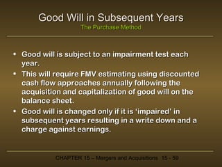 Good Will in Subsequent Years
The Purchase Method

• Good will is subject to an impairment test each
year.
• This will require FMV estimating using discounted
cash flow approaches annually following the
acquisition and capitalization of good will on the
balance sheet.
• Good will is changed only if it is ‘impaired’ in
subsequent years resulting in a write down and a
charge against earnings.

CHAPTER 15 – Mergers and Acquisitions 15 - 59

 